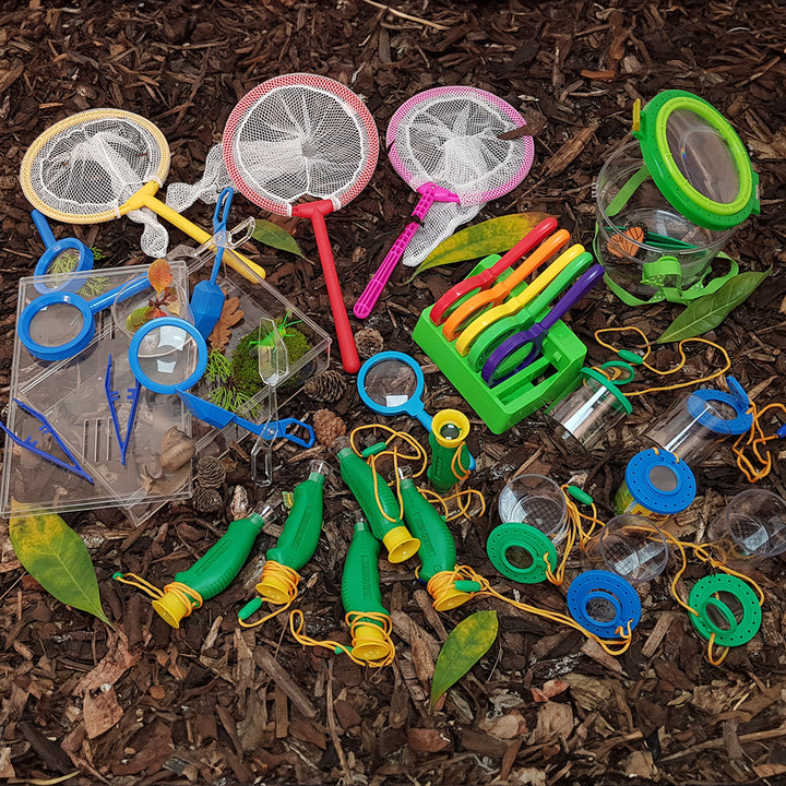  An exciting value pack designed for exploring the wonders of nature, perfect for forest schools and outdoor learning. The pack includes tools for collecting and studying leaves, plants, rocks, fossils, insects. Forest schools set up kit