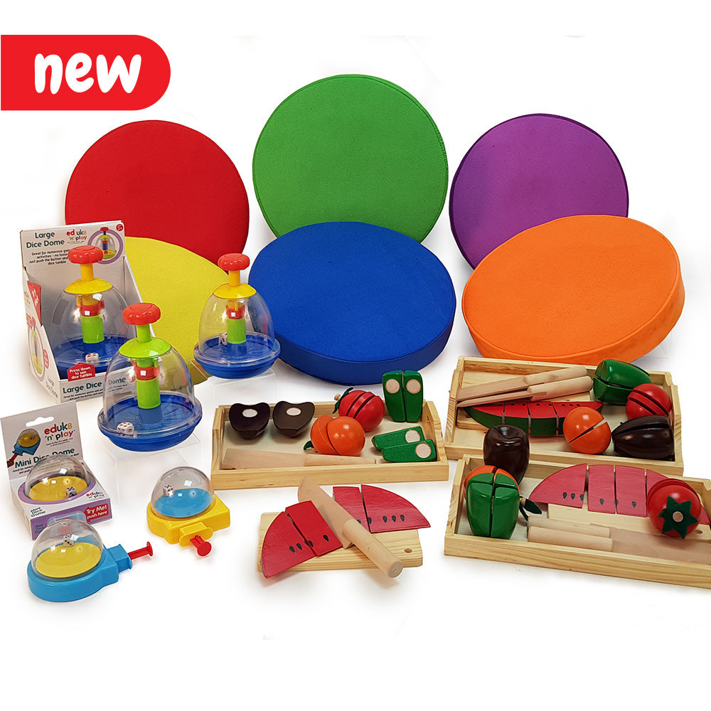 The Sensory Auditory kit, designed to assist children with autism in relaxation, focus, and emotional regulation during potentially challenging situations. The kit encourages participation and movement, enhancing hand-eye coordination and communication skills through sensory play.  Includes:  1x Step and Sounds Pads (set of 6) 3x Mini Dice Dome 3x Large Dice Dome 3x Fruit and Veg Tray Suitable for ages 3 and up. Colors and contents of kits may vary