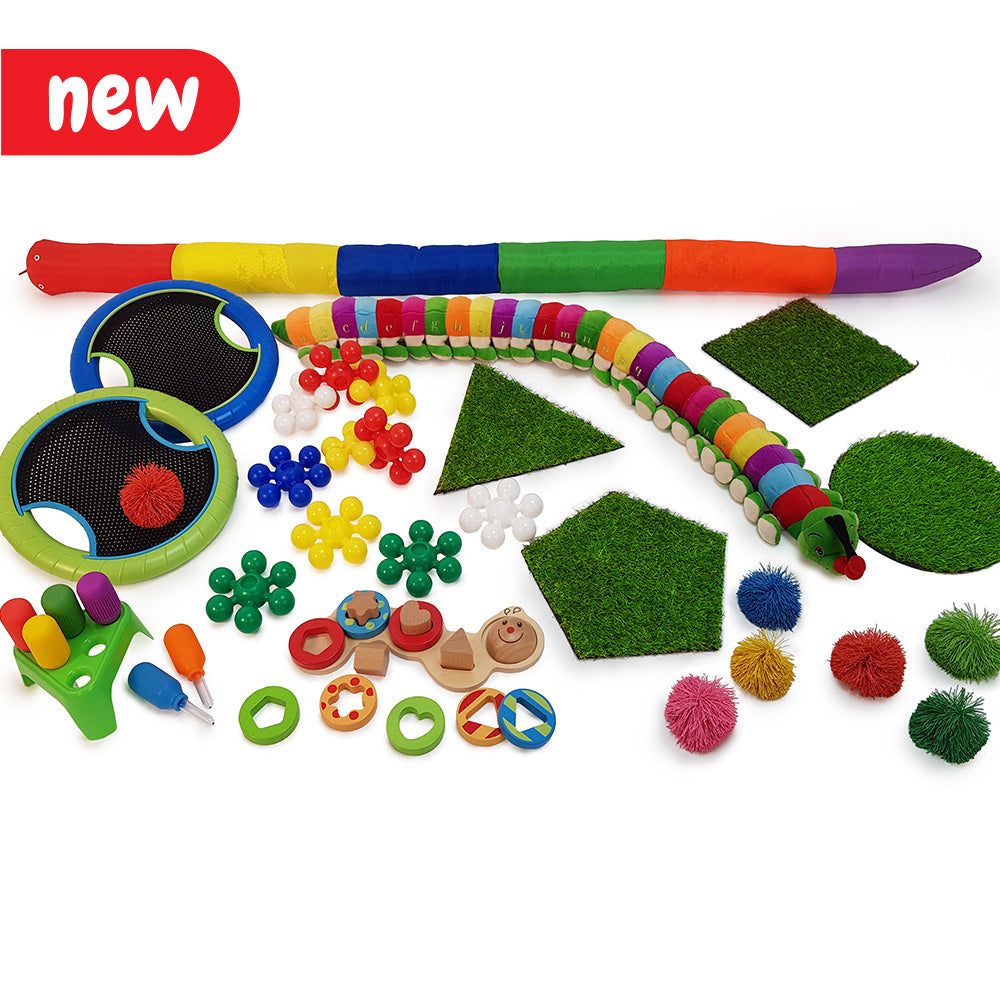 A comprehensive kit designed to aid children's cognitive, social, and emotional development, as well as fostering concentration and self-regulation, particularly beneficial for children with behavioral challenges. The kit includes:  1x Casey Caterpillar 1x Balancing Snake 1x Bounce 'n' Catch Discs (set of 2) 6x Soft Balls 1x Giant Pipettes in stand 1x Wiggly Worm 1x Connectastar (10pcs)