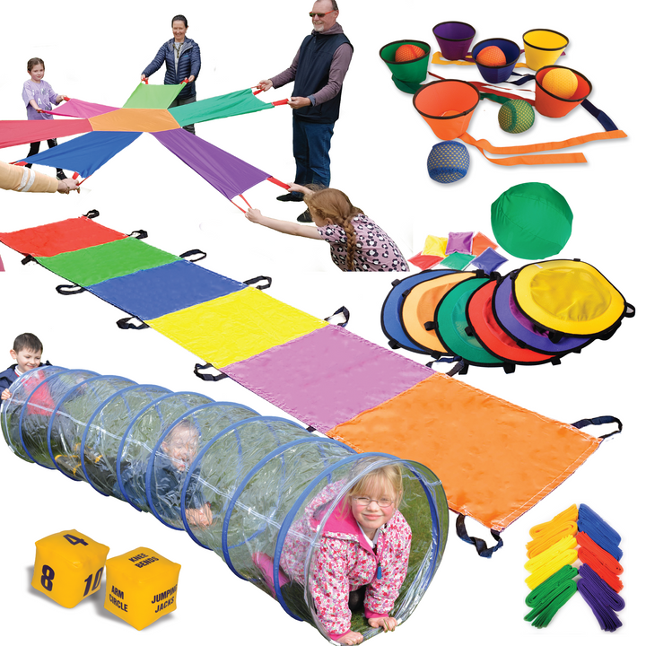 Gross Motor Skills kit designed to facilitate larger movements such as crawling, walking, jumping, running, skipping, throwing, and catching a ball, aiming to help children build strength and confidence in their bodies. Includes: 1x Clear Outdoor Tunnel