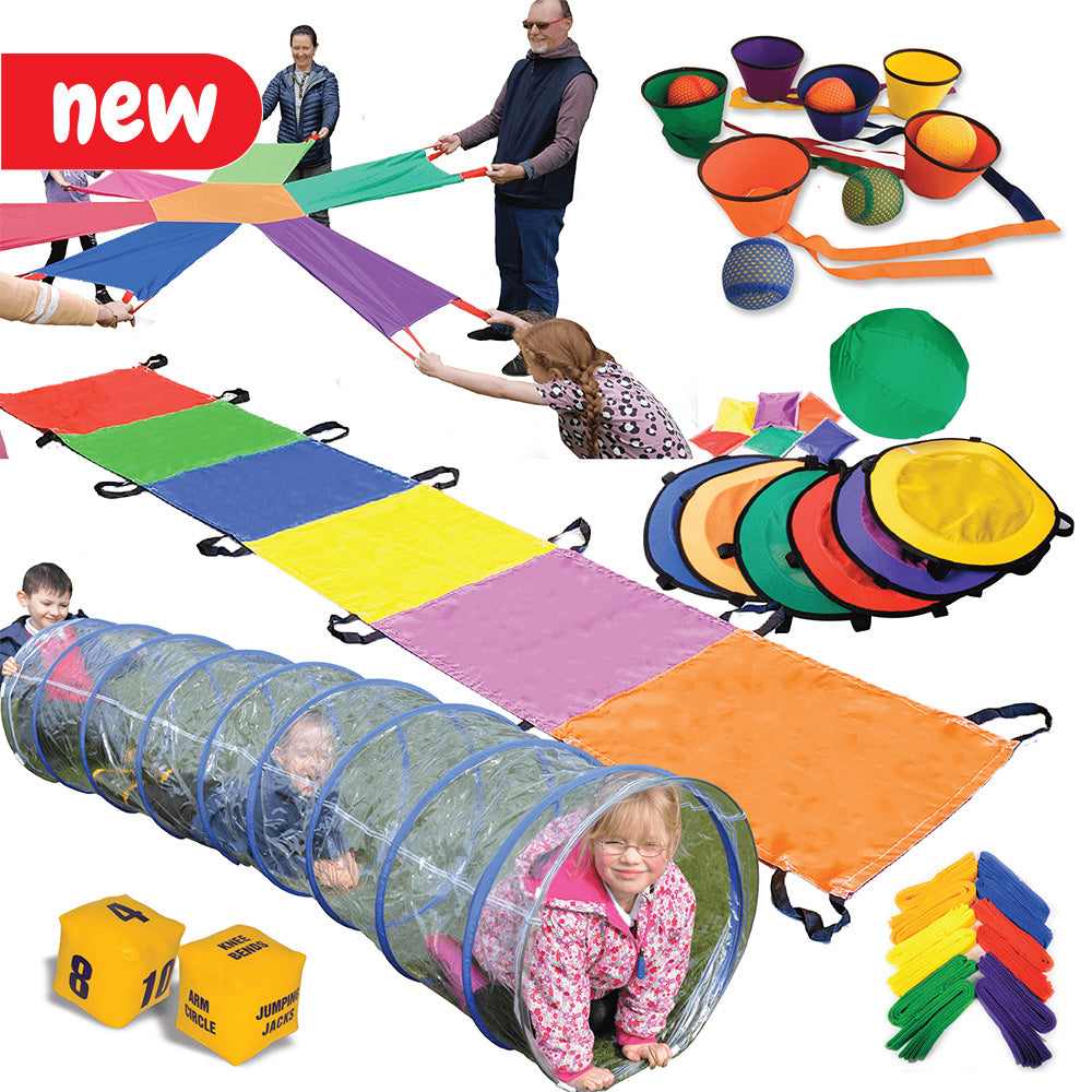 Gross Motor Skills kit designed to facilitate larger movements such as crawling, walking, jumping, running, skipping, throwing, and catching a ball, aiming to help children build strength and confidence in their bodies. Includes: 1x Clear Outdoor Tunnel