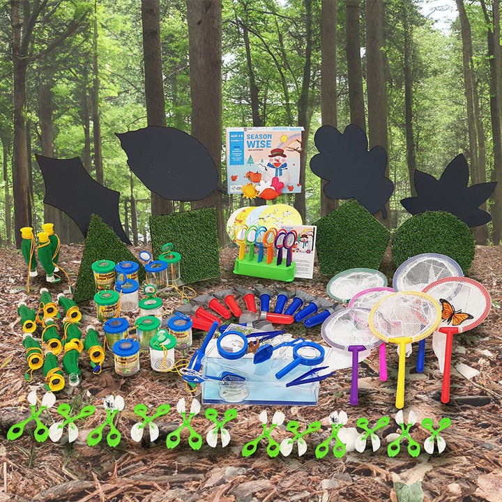  Forest School Mega Pack: A comprehensive set packed with essential tools and resources for outdoor learning adventures. Includes a variety of equipment such as dipping nets, magnifiers, tweezers, scoopers, and a nature viewer. Ideal for fostering exploration, discovery, and connection with nature in forest school environments.