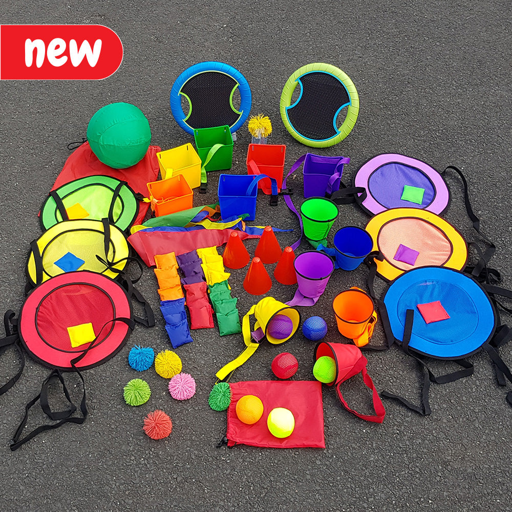 A bumper all inclusive kit for developing throwing and catching skills.  Includes: 1 x Ball Catcher Set 1 x Catch and Balance Bands set 1 x Bounce ‘n’ Catch Discs set 1 x Bucket Dash game 6 x Soft Balls  Suitable for ages: 4+