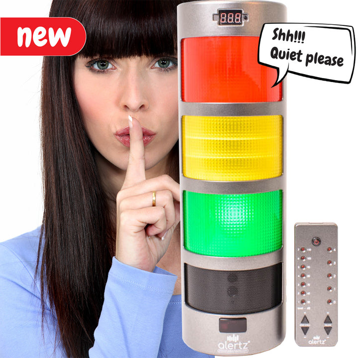 An Alertz® device reduces noise levels in various settings like classrooms and libraries. It uses a traffic light system: green for acceptable, amber for rising noise, and red for too noisy. Options include lights only, lights with a siren, or lights with pre-recorded messages. Controlled by an infrared remote, it adjusts noise levels from whispers to extreme noise, with a digital counter for red light activations. Powered by mains or battery, suitable for table, shelf, or wall mounting