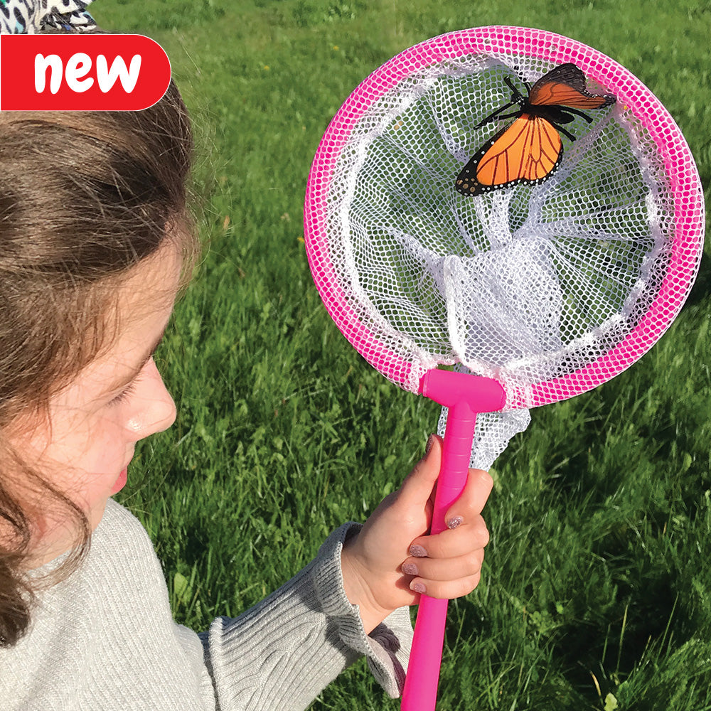 Butterfly nets designed for catching and viewing butterflies up close, suitable for pond use. Available in various colors including pink, red, yellow, green, purple, and blue. Each net measures 39 cm in length and 19 cm in width. Suitable for ages 3 and up