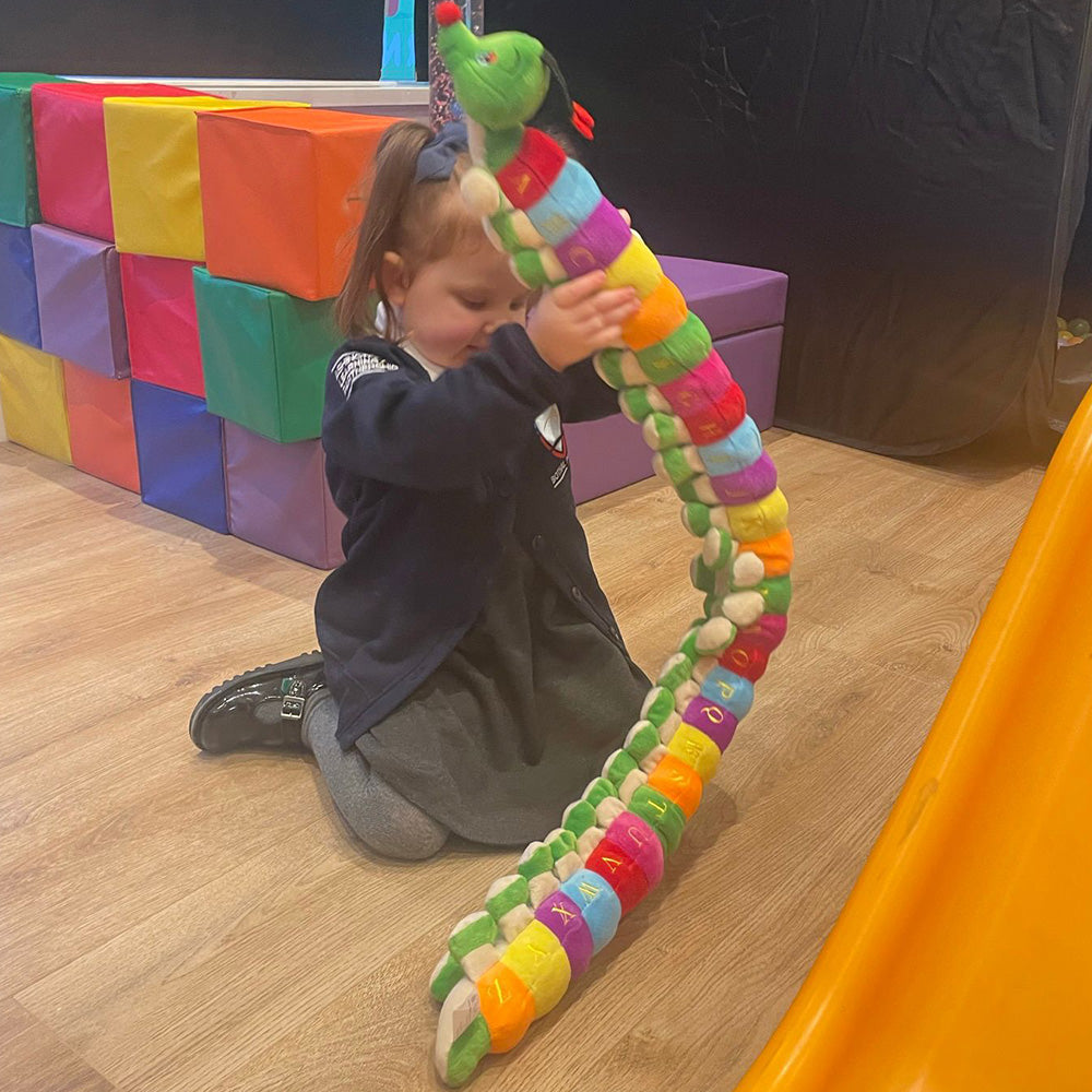 Casey is an adorable giant caterpillar who is sure to capture children’s attention. Casey will encourage children to learn the full alphabet in both upper ‘Casey’ and lower ‘Casey’ (uppercase on one side, lowercase on the other) and assist with letter rec