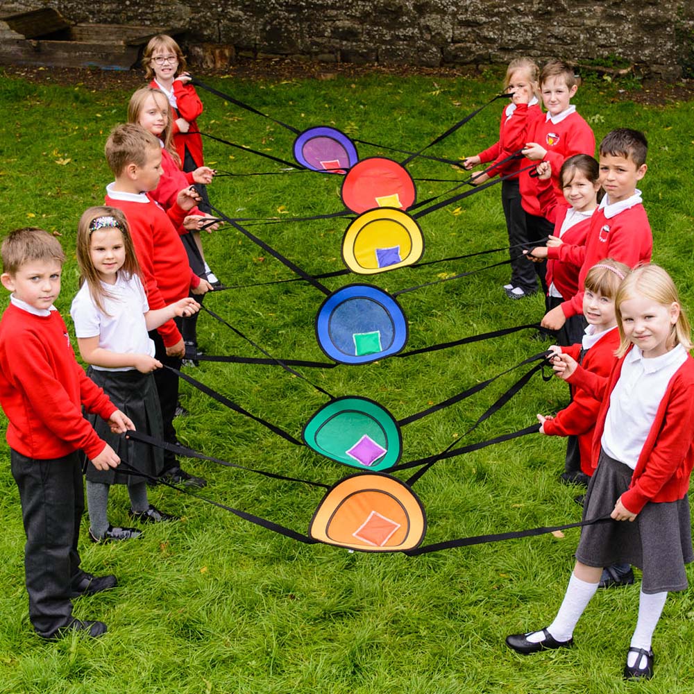 A fun group set promoting hand-eye coordination, dexterity, and teamwork skills. Two children balance and pass the ball between balancing bands. Develops competence and confidence in coordinating objects and fostering communication, collaboration, and hea