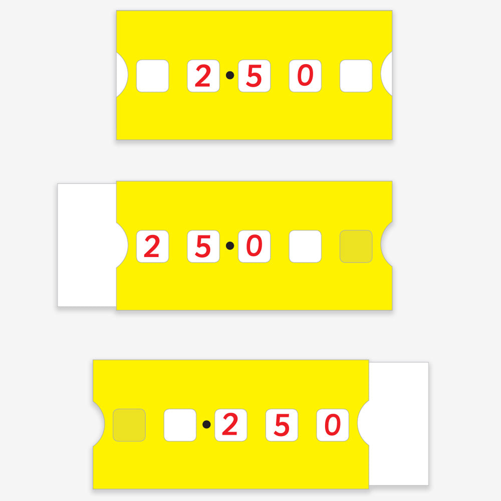 A set of 30 pupil sliding lines and 1 teacher/demo sliding line, perfect for illustrating the effects of multiplying/dividing decimals by 10 or 100. Each pupil's version measures 21.5 x 10 cm, while the teacher's version is 42 x 19 cm. Simply write examples in the five squares using a dry erase marker pen (not included) and slide the numbers back and forth using the laminated slider. Suitable for aiding ages 7 and above