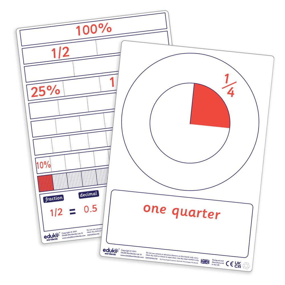 fractions, decimals, percentages, equivalent, addition, add, subtract, subtraction, shade, colour, pen, felt tip, wipe, wipeable, whiteboards, white boards, a4 boards, educational products, educational resources, educational supplies, educate, learning, c