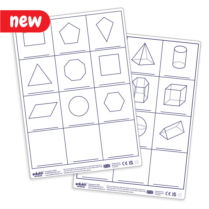 A durable, recyclable plastic board featuring 2 sides: Side 1 displays 2D shapes including rectangle, pentagon, kite, triangle, octagon, square, parallelogram, circle, and hexagon. Side 2 showcases 3D shapes such as cuboid, square-based pyramid, cylinder, triangular-based pyramid, hexagonal prism, cube, cone, sphere, and triangular prism. Blank spaces at the bottom of each side allow children to draw their own shapes. Includes 30 boards, each sized A4. Suitable for ages 4 and up