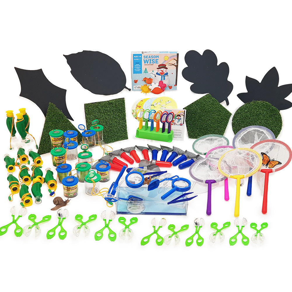 A comprehensive outdoor exploration pack designed to facilitate hands-on learning experiences for children, encouraging them to discover and learn about nature firsthand in the great outdoors. The pack includes tools for hunting mini beasts, observing moths, fish, butterflies, and grasshoppers, as well as investigating plants, trees, mosses, lichens, and other flora and fauna, including pond dipping activities