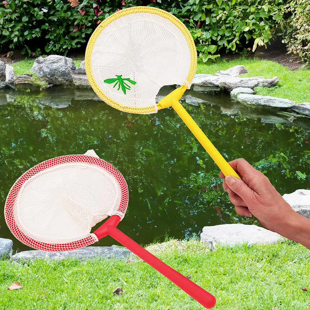 Six butterfly and pond dipping nets in vibrant colors: pink, red, yellow, green, purple, and blue. Ideal for observing butterflies and insects up close in ponds or butterfly gardens.