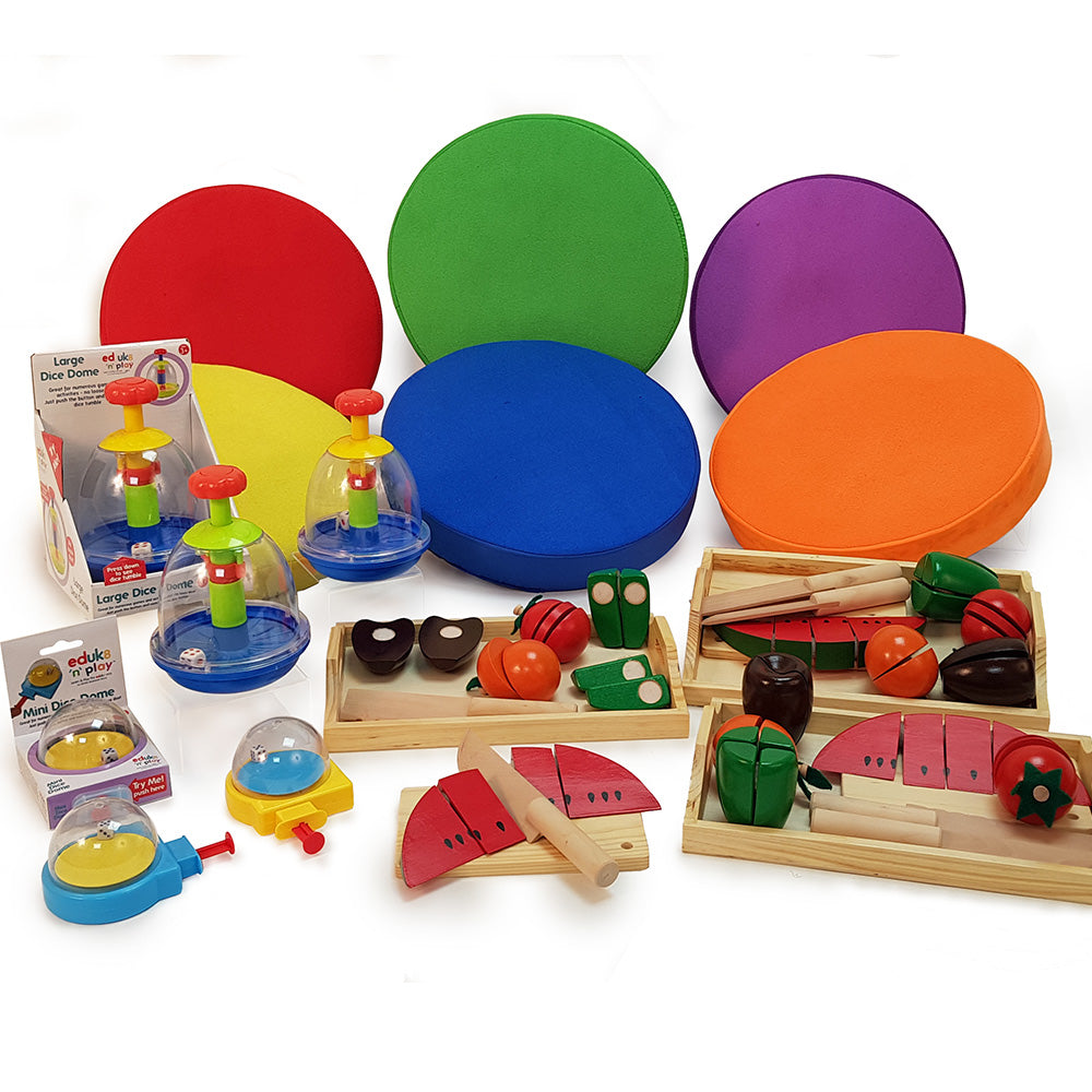 The Sensory Auditory kit, designed to assist children with autism in relaxation, focus, and emotional regulation during potentially challenging situations. The kit encourages participation and movement, enhancing hand-eye coordination and communication skills through sensory play.  Includes:  1x Step and Sounds Pads (set of 6) 3x Mini Dice Dome 3x Large Dice Dome 3x Fruit and Veg Tray Suitable for ages 3 and up. Colors and contents of kits may vary