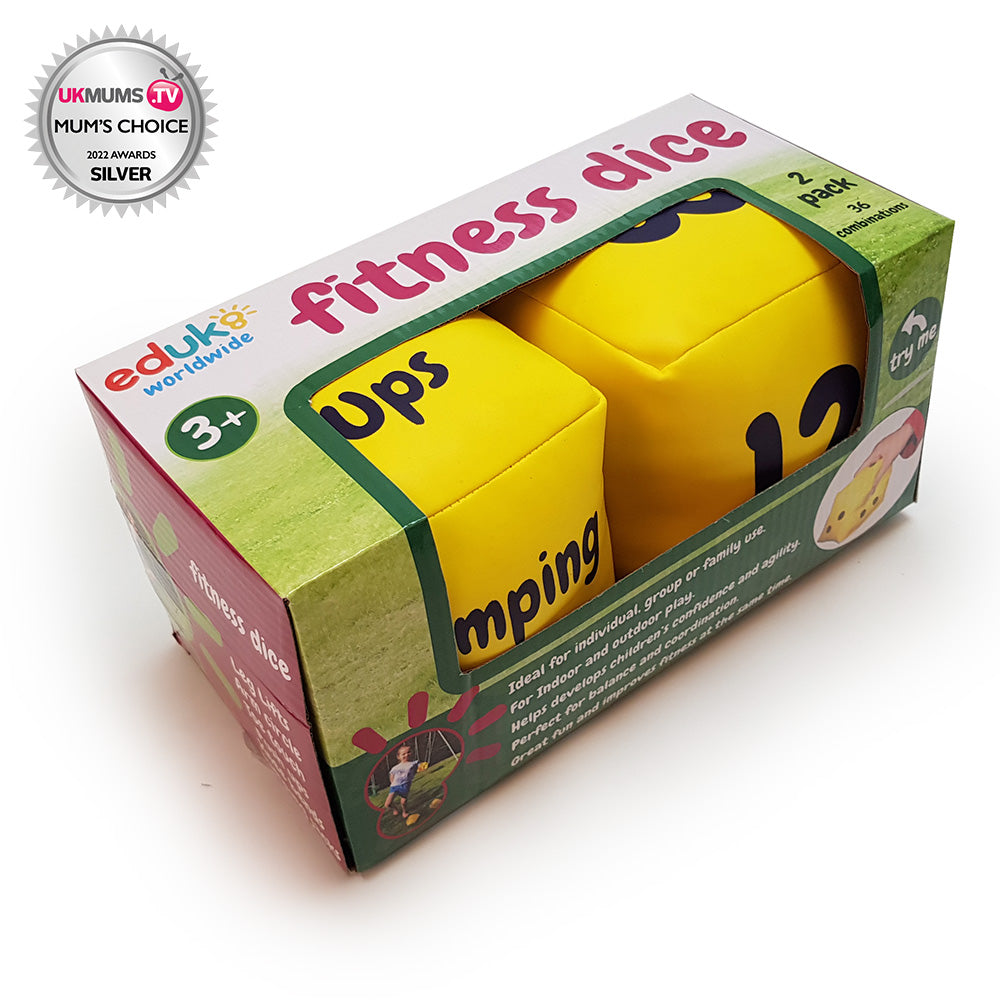 a pair of Yellow Fitness dice designed to develop children’s competence and confidence in balance, agility, and coordination, communication and collaboration with others. Suitable for group or individual use, made from foam-filled, durable, wipeable vinyl