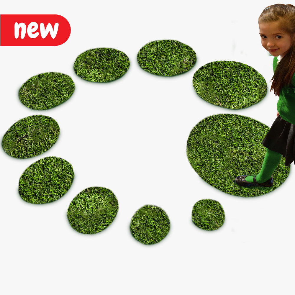 Artificial, durable grass shapes suitable for indoor or outdoor use. Children can enjoy the sensorial experience while learning about shape, counting, and size. Sizes range from approximately 15 cm to 60 cm in diameter.