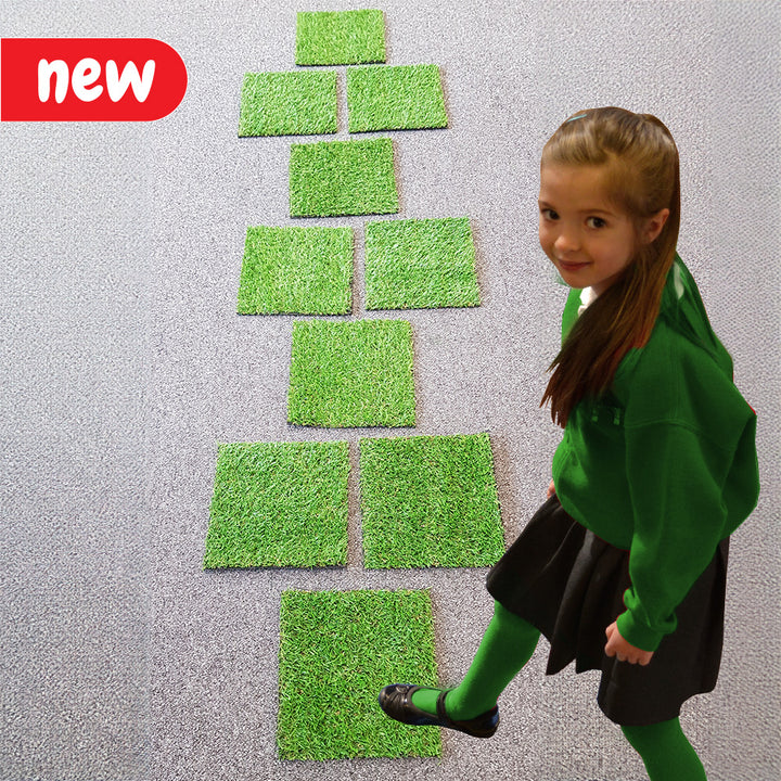 Artificial, durable grass shapes suitable for indoor or outdoor use. Children can enjoy the sensorial experience while learning about shape, counting, and size. 20 x 20cm HOPSCOTCH