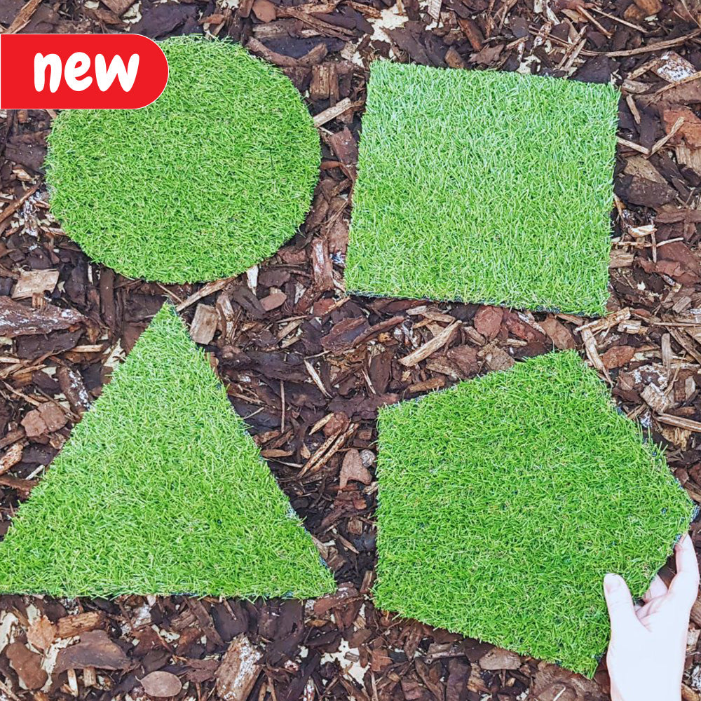 Durable artificial grass shapes designed for handheld use, suitable for indoor or outdoor activities, particularly ideal for Forest School settings. Children can benefit from the sensorial experience while learning about shapes, counting, and size, making them suitable for individuals with Special Educational Needs (SEN). The set includes grass shapes such as a circle, triangle, square, and pentagon. Each shape measures approximately 25cm