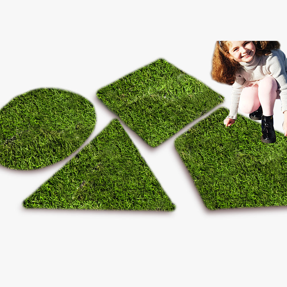 Durable artificial grass shapes suitable for indoor or outdoor use. Children can benefit from the sensorial experience while learning about shape, counting, and size. The grass shapes include a circle, triangle, square, and pentagon, each measuring approximately 50cm