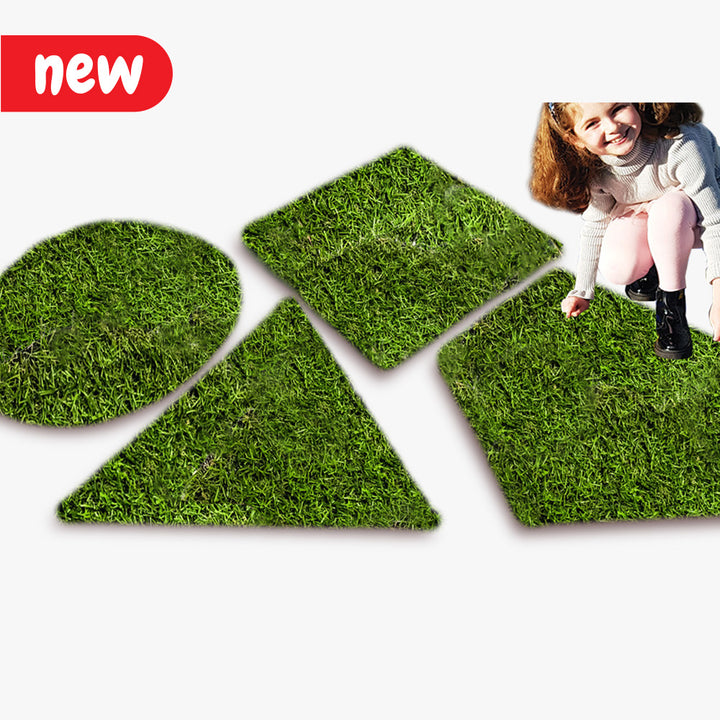 Durable artificial grass shapes suitable for indoor or outdoor use. Children can benefit from the sensorial experience while learning about shape, counting, and size. The grass shapes include a circle, triangle, square, and pentagon, each measuring approximately 50cm