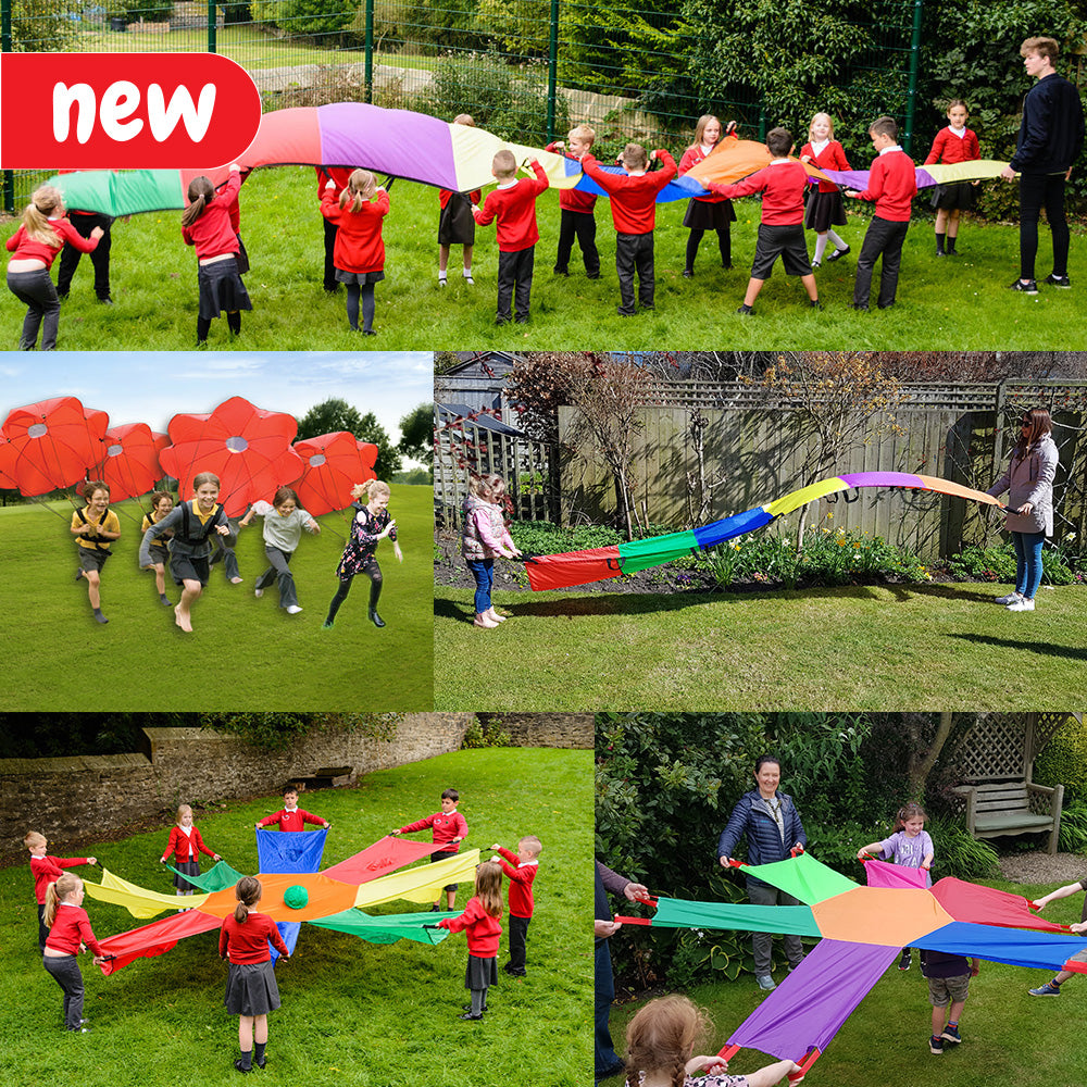 A mega school parachute kit, perfect for many outdoor activities.  Includes: x6 Resistance Parachute x1 Rainbow Wave x1 Junior Rainbow Wave x1 Sunflower Parachute x1 Junior Sunflower Parachute  Suitable for ages: 3+  Colours and contents may vary.