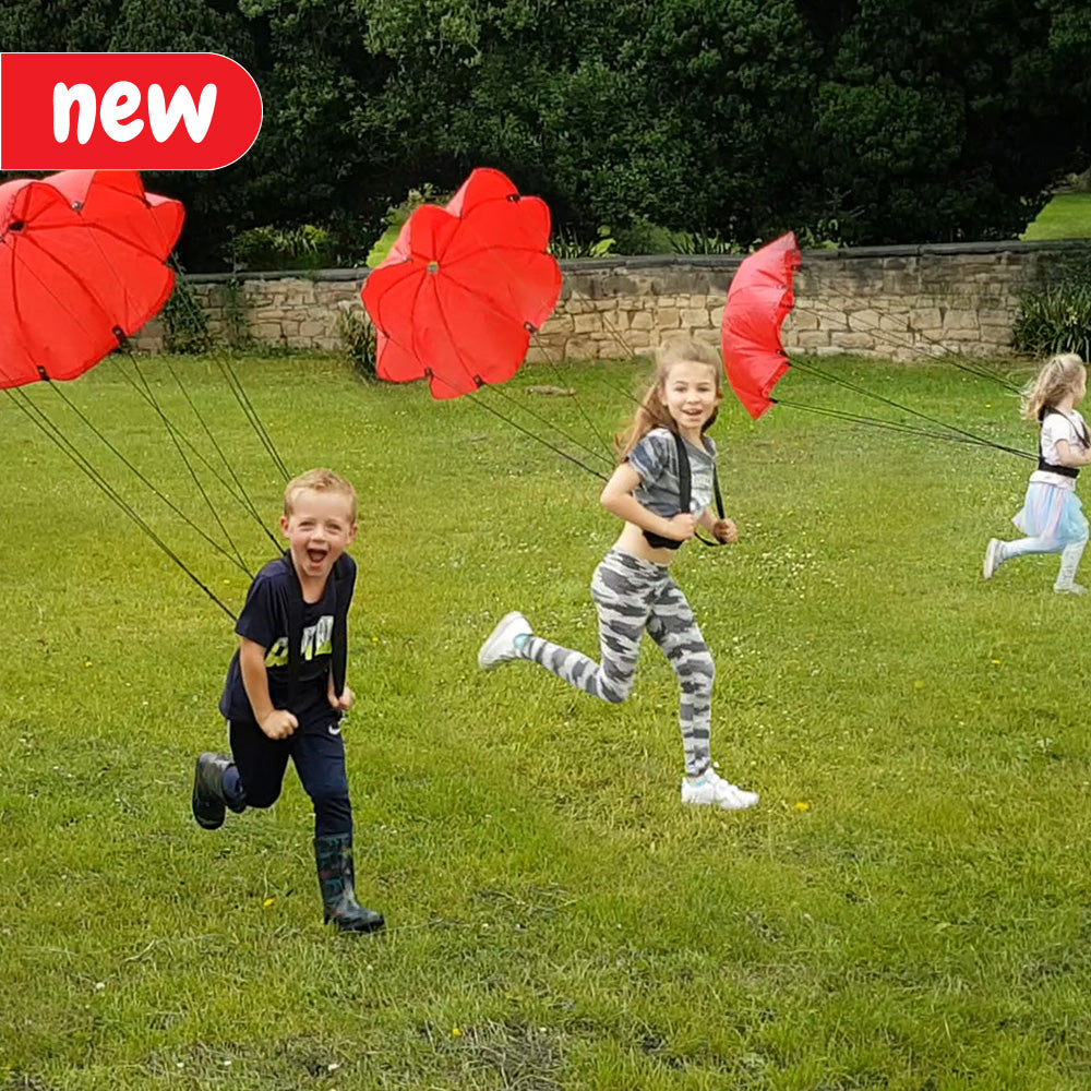 A very large resistance parachute designed to encourage children to run and learn about air resistance effects. Ideal for outdoor activities and perfect for Sports Day. Develops competence and confidence in agility and competition. Size: 90 cm diameter. Suitable for ages 5 and up