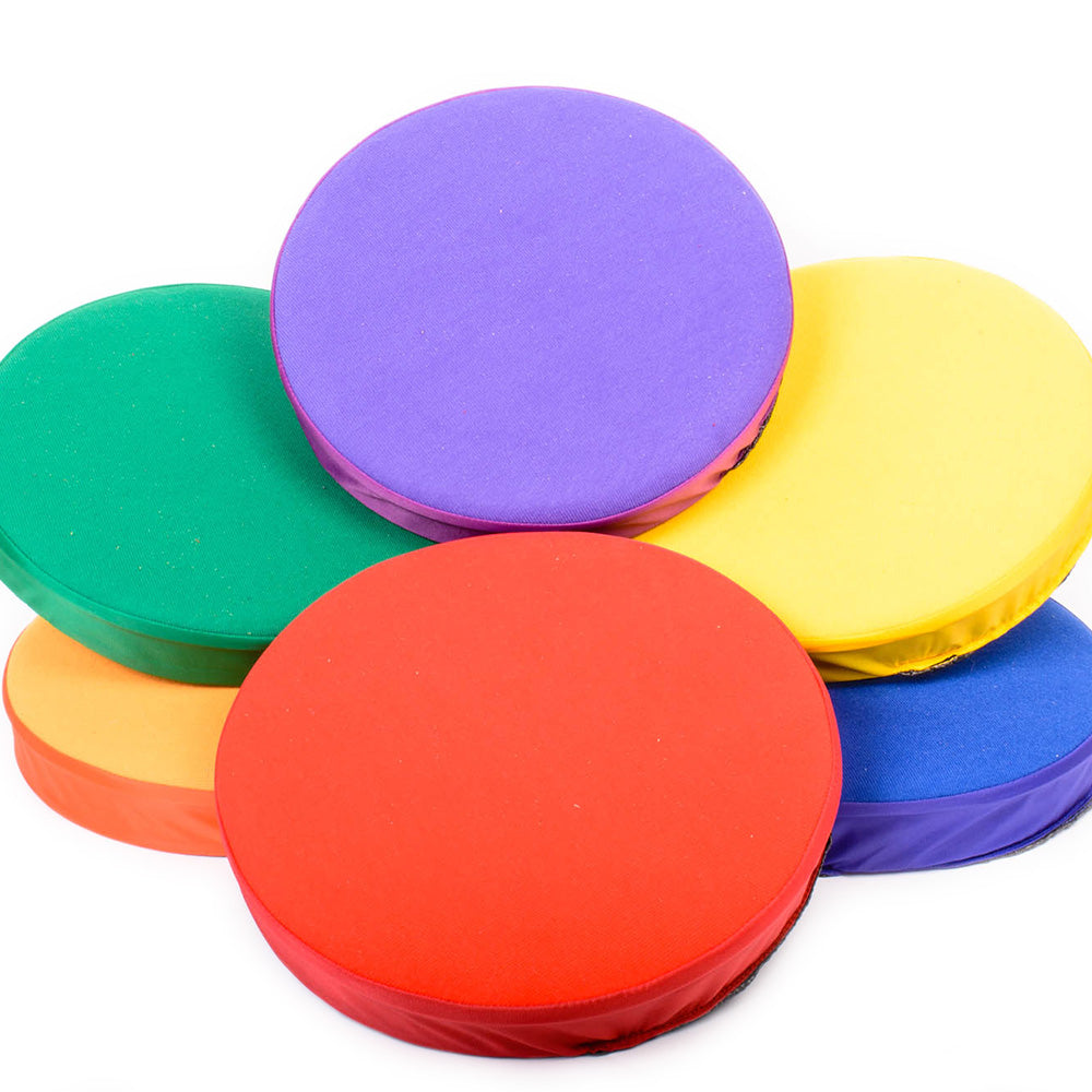 Step and Sounds pads are ideal for developing balance, identification, and sequencing skills. Among the pads, only three produce sounds. The wipeable fabric tops feature a durable non-slip base, suitable for both indoor and outdoor (dry conditions) use. P