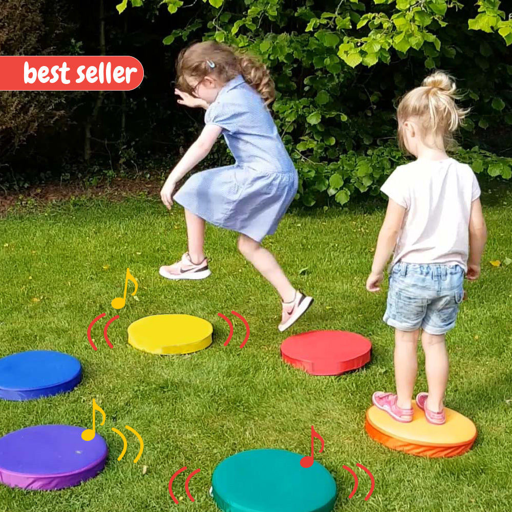 Step and Sounds pads are ideal for developing balance, identification, and sequencing skills. Among the pads, only three produce sounds. The wipeable fabric tops feature a durable non-slip base, suitable for both indoor and outdoor (dry conditions) use. P