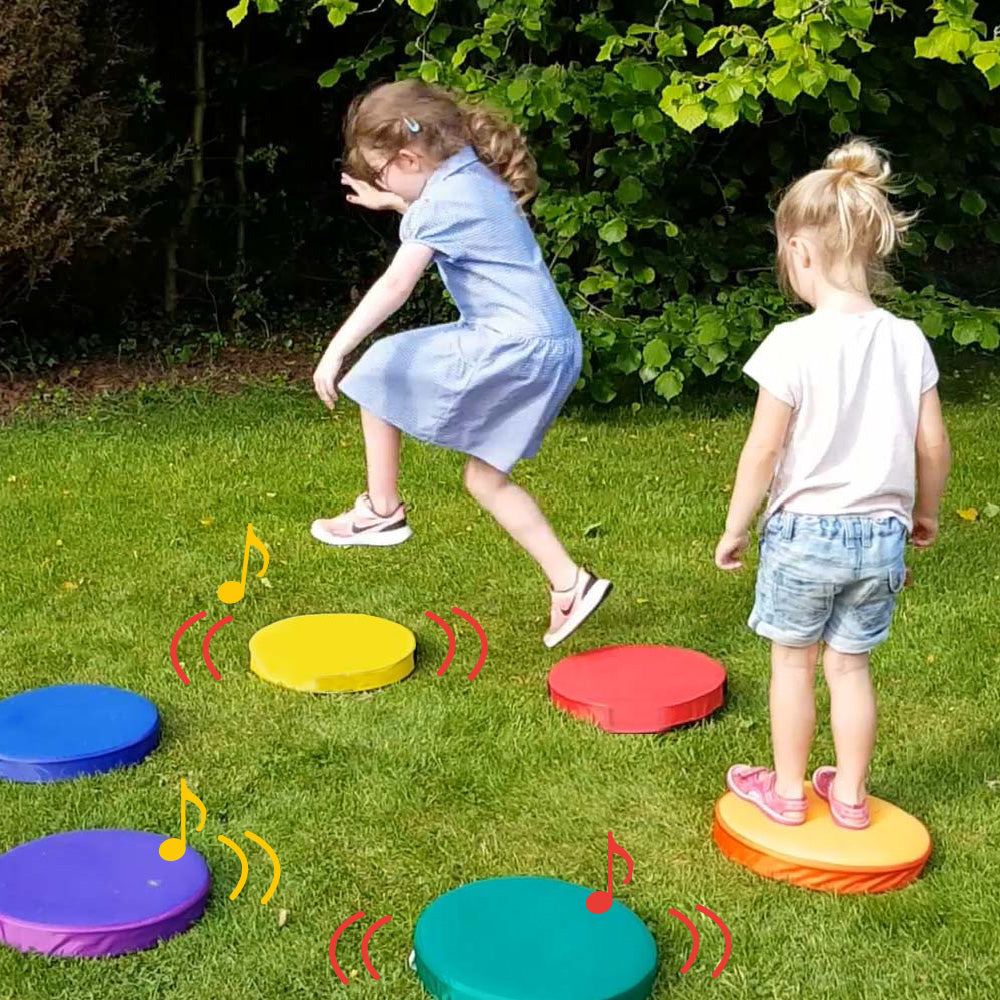 Step and Sounds pads are ideal for developing balance, identification, and sequencing skills. Among the pads, only three produce sounds. The wipeable fabric tops feature a durable non-slip base, suitable for both indoor and outdoor (dry conditions) use. P