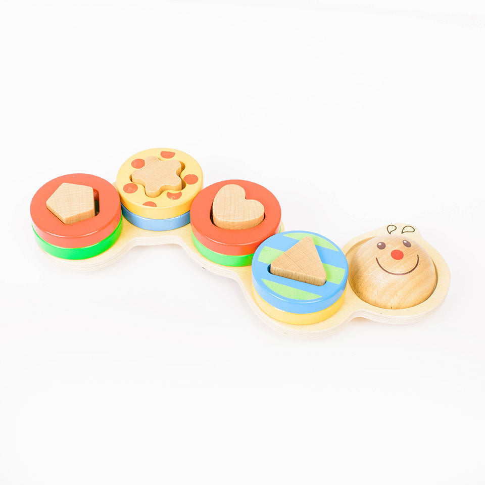 Children love to play with this endearing wooden Wiggly Worm. It contains 4 removable shape rods and 12 shape pieces for stacking, counting, and shape recognition