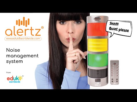 An Alertz® device reduces noise levels in various settings like classrooms and libraries. It uses a traffic light system: green for acceptable, amber for rising noise, and red for too noisy. Options include lights only, lights with a siren, or lights with pre-recorded messages. Controlled by an infrared remote, it adjusts noise levels from whispers to extreme noise, with a digital counter for red light activations. Powered by mains or battery, suitable for table, shelf, or wall mounting