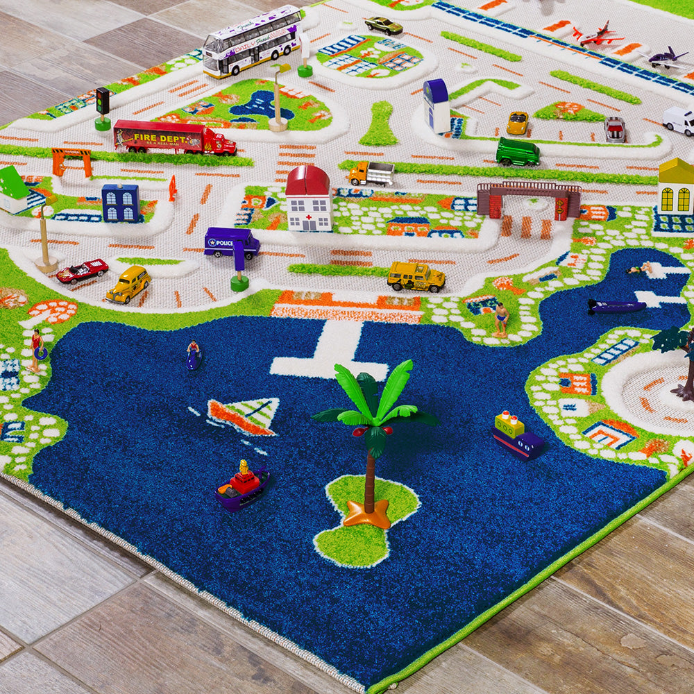 hypoallergenic, woven wool, indoor play, activity, colourful, 3d, city, town, airport, plane, play rug, play mat, sensory mat, sensory, role play, roleplay, toddler, childrens, children, infants, kids, educational, educational supplies, educational resour