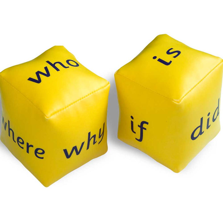 coloured dice, yellow, yellow dice, why, what, when, how, engaging, family fun, literacy, dexterity, memory, sorting, spelling, writing, asking, questions, ask a question, conversation cubes, outdoor game, outdoor activity, activity, creative, educate, en