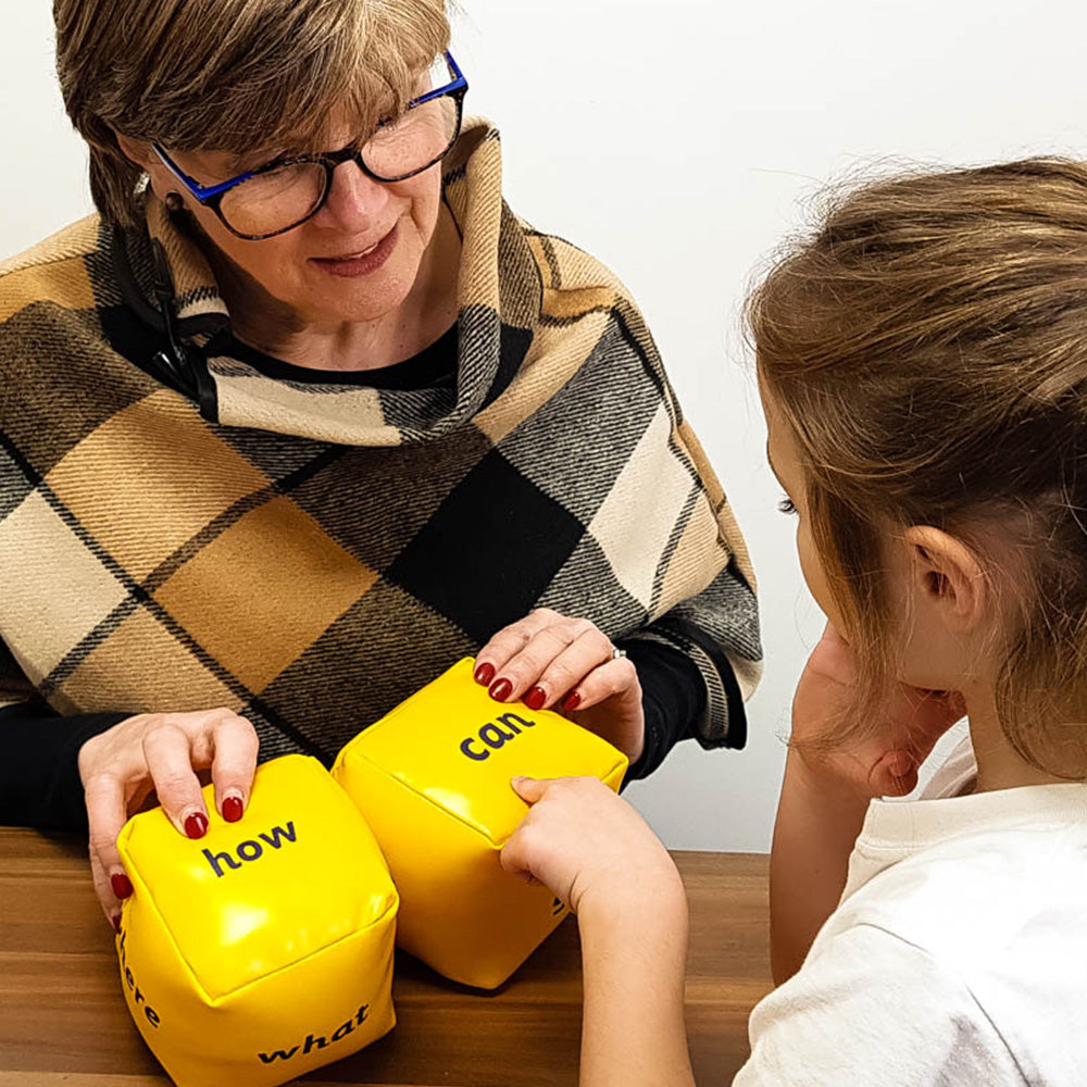 coloured dice, yellow, yellow dice, why, what, when, how, engaging, family fun, literacy, dexterity, memory, sorting, spelling, writing, asking, questions, ask a question, conversation cubes, outdoor game, outdoor activity, activity, creative, educate, en