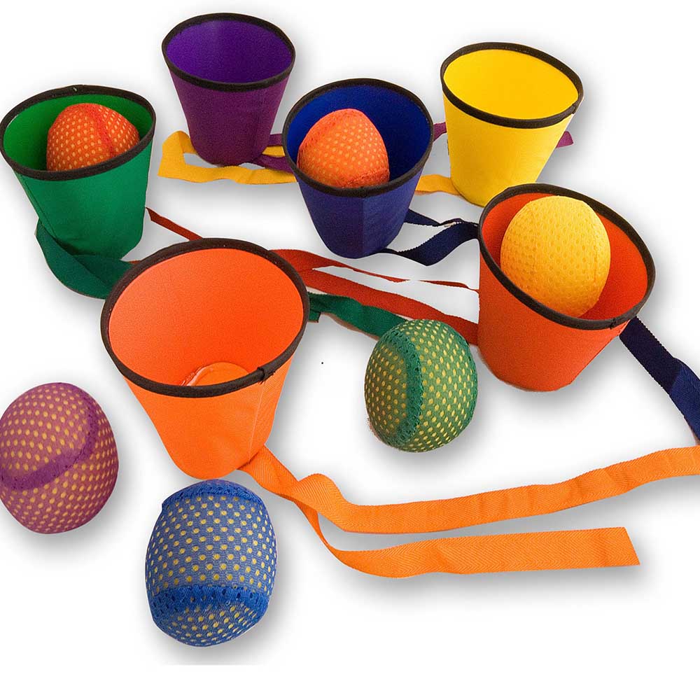 Set of 6 "ball catchers" with 6 colored soft balls. Supports the development of hand-eye coordination, teamwork, and individual skills. Suitable for individuals with special educational needs.