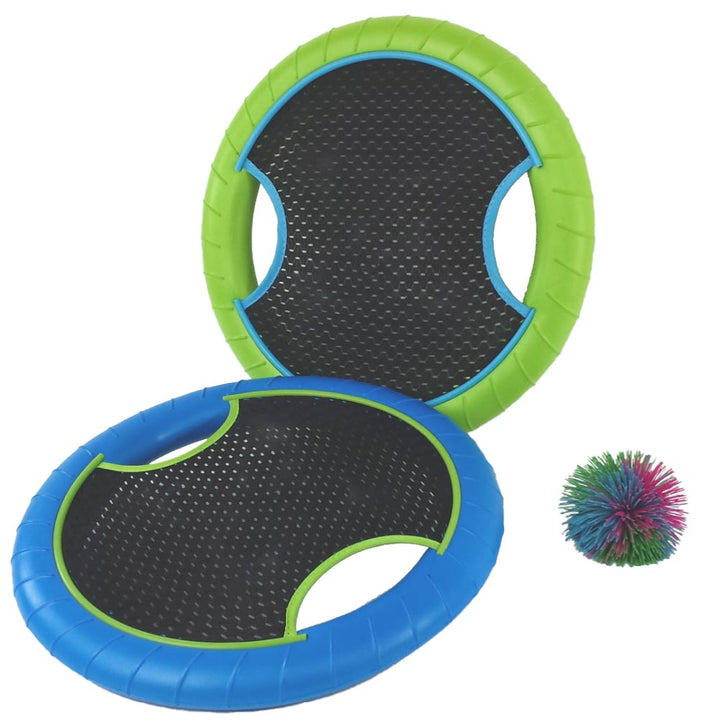 AWARD WINNING Bounce ‘n’ Catch Discs bat and ball game for indoor or outdoor play. Two-colored discs with hand holes for grip and a springy middle. Can be used as throwing and catching discs or for bouncing skills with the included rubber ball. Versatile 