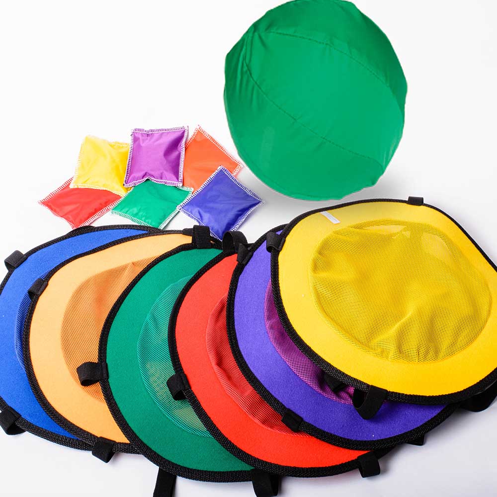 A fun group set promoting hand-eye coordination, dexterity, and teamwork skills. Two children balance and pass the ball between balancing bands. Develops competence and confidence in coordinating objects and fostering communication, collaboration, and hea