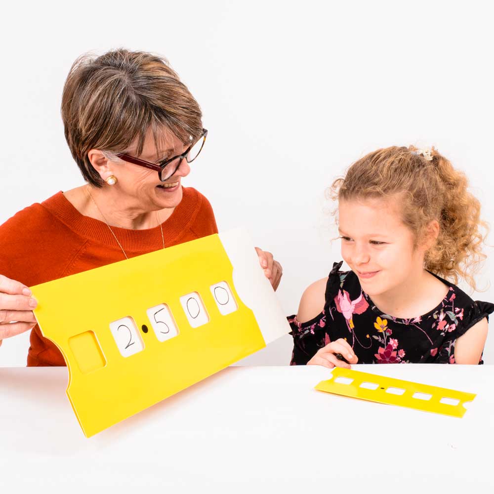 A set of 30 pupil sliding lines and 1 teacher/demo sliding line, perfect for illustrating the effects of multiplying/dividing decimals by 10 or 100. Each pupil's version measures 21.5 x 10 cm, while the teacher's version is 42 x 19 cm. Simply write examples in the five squares using a dry erase marker pen (not included) and slide the numbers back and forth using the laminated slider. Suitable for aiding ages 7 and above