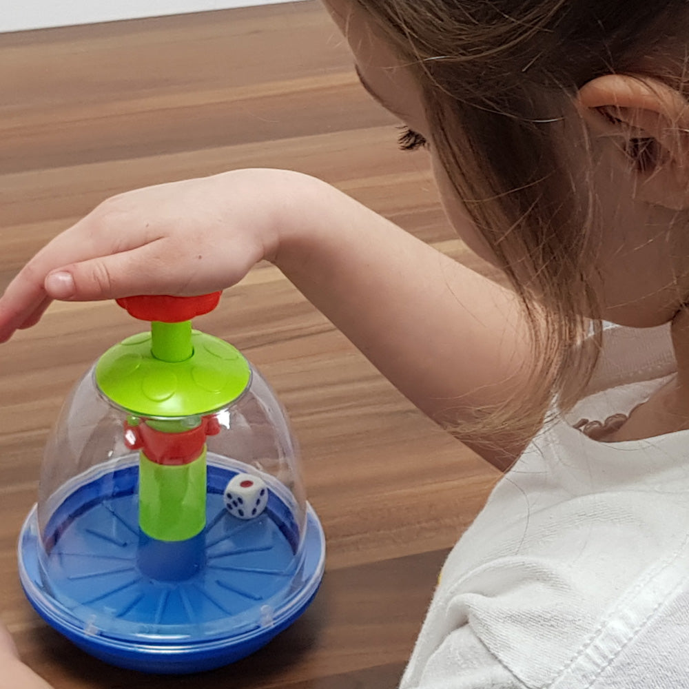 Activate the large dice dome by pushing the plunger atop the dome, prompting the dice inside to tumble and roll. This interactive mechanism not only adds excitement to gameplay but also serves as a practical solution to prevent the dice from getting lost.