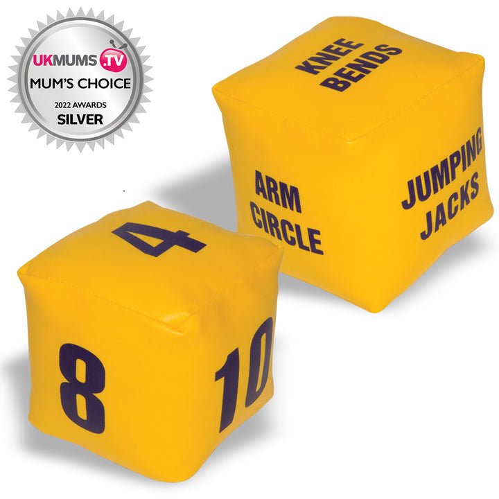 pair of dice, yellow foam filled dice, colourful dice, yellow dice, fitness dice, jumping jacks, exercise, indoor activity, outdoor activity, lockdown activity, children, adults, family, family activity, educational products, educational resources, educat