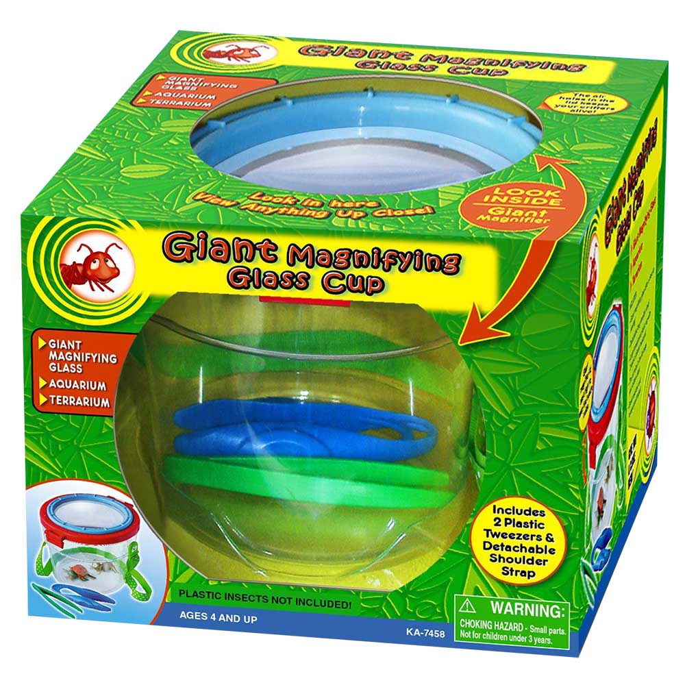 Giant Magnifying Pot offers an up-close view of tiny creatures with its 2.5x magnifying lid featuring air holes. Use it to collect and examine insects, leaves, fossils, and more. It also functions as a mini aquarium for tadpoles and small fish. Complete with an adjustable, detachable strap and 2 tweezers for convenient handling