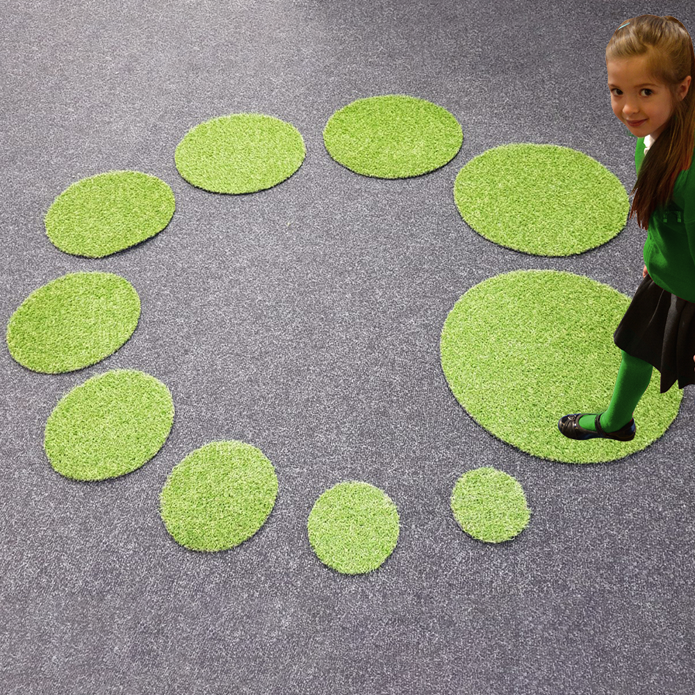 stepping, steps, grass circles, children, kids, early years, infants, ks1, key stage 1Artificial, durable grass shapes suitable for indoor or outdoor use. Children can enjoy the sensorial experience while learning about shape, counting, and size. Sizes range from approximately 15 cm to 60 cm in diameter.