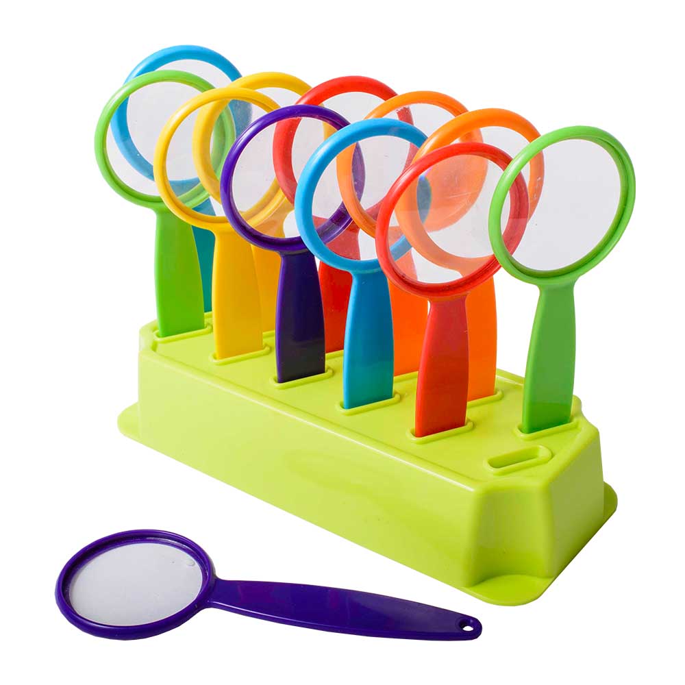 This value-for-money set of 12 colourful magnifiers are supplied with a handy storage stand. Perfect for viewing bug and creatures up close. 3x magnification!