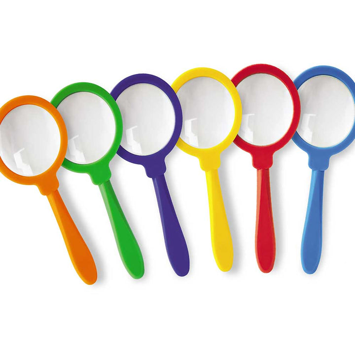 Set of six brightly colored, extra-large hand-held magnifying glasses with 3x magnification. Includes a convenient stand for safe storage when not in use. Perfectly sized for small hands, ideal for exploring plants, animals, and insects in life science le