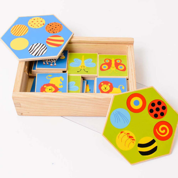 wooden memory matching hexagon game, nursery, nursery resources, nursery supplies, classroom resources, classroom, class, teaching, teaching resources, teaching products, children, kids, infants, family fun, family time, family game, educate, play, thinking skills, engaging, brain skills, brain, pre school, preschool, early years