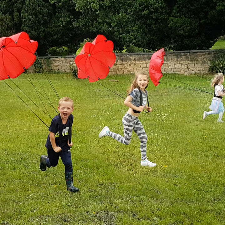 A very large resistance parachute designed to encourage children to run and learn about air resistance effects. Ideal for outdoor activities and perfect for Sports Day. Develops competence and confidence in agility and competition. Size: 90 cm diameter. Suitable for ages 5 and up