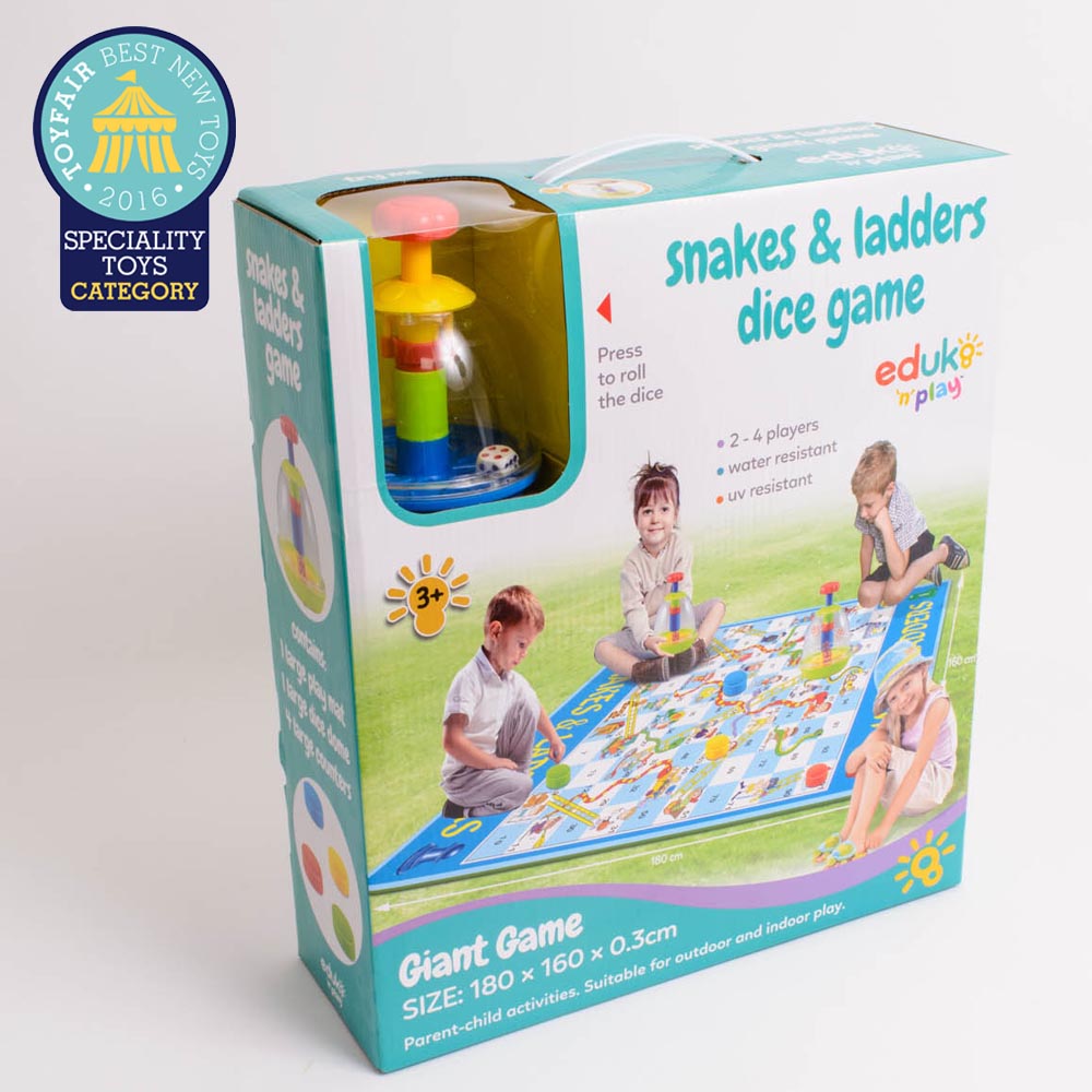 award winning large giant bright colourful classic retro traditional strategy tactics probability counting children kids family snakes and ladders indoor outdoor wipe clean water proof board game with giant coloured counters and dice dome