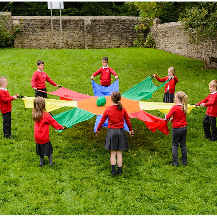 indoor play, outdoor play, play activity, group activity, sensory, early years, kids, children, infants, active, schools, giant sunflower colourful parachute with hand holes and ball, educational resources, educational supplies, educational products, school supplies, school resources, PE, physical education, teaching resources, teaching supplies