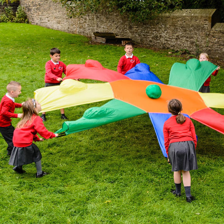 indoor play, outdoor play, play activity, group activity, sensory, early years, kids, children, infants, active, schools, giant sunflower colourful parachute with hand holes and ball, educational resources, educational supplies, educational products, school supplies, school resources, PE, physical education, teaching resources, teaching supplies