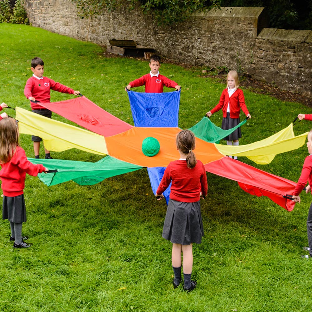 indoor play, outdoor play, play activity, group activity, sensory, early years, kids, children, infants, active, schools, giant sunflower colourful parachute with hand holes and ball, educational resources, educational supplies, educational products, school supplies, school resources, PE, physical education, teaching resources, teaching supplies