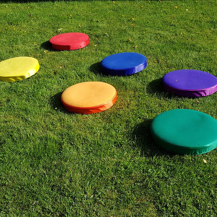 Step and Sounds pads are ideal for developing balance, identification, and sequencing skills. Among the pads, only three produce sounds. The wipeable fabric tops feature a durable non-slip base, suitable for both indoor and outdoor (dry conditions) use. P